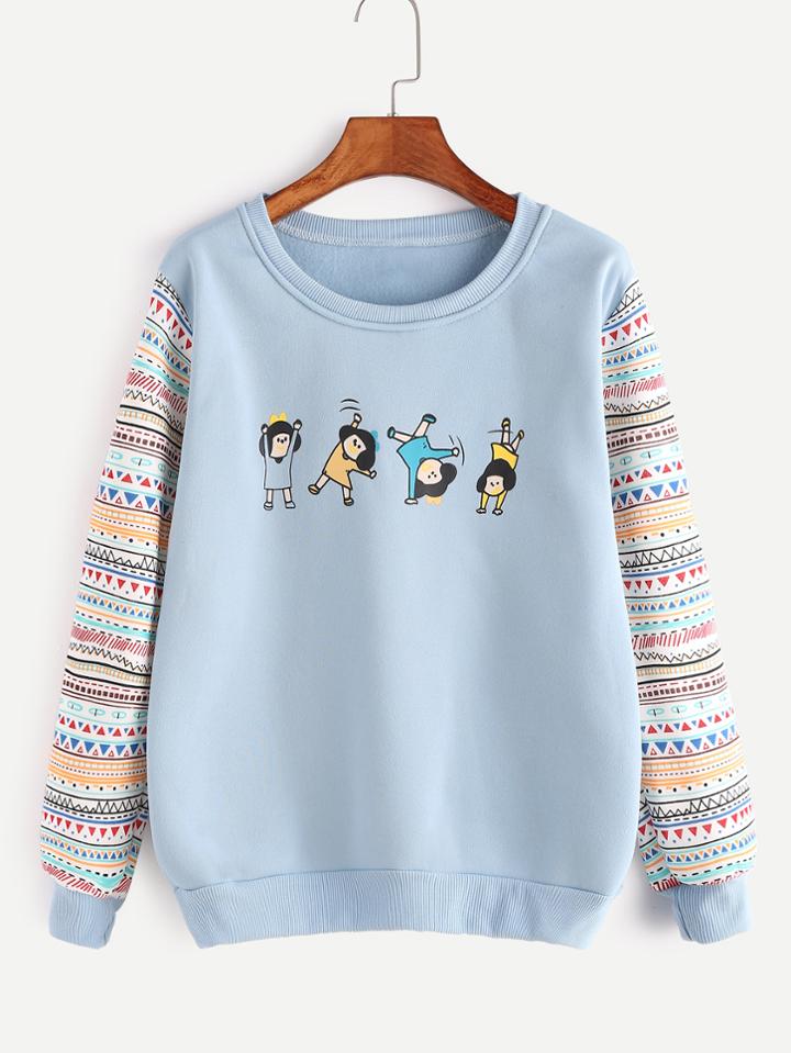 Romwe Blue Cartoon Print Contrast Sleeve Sweatshirt