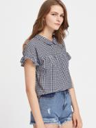 Romwe Peter Pan Collar Tie Back Ruffle Sleeve Gingham Top