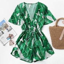 Romwe Leaf Print Wrap Romper