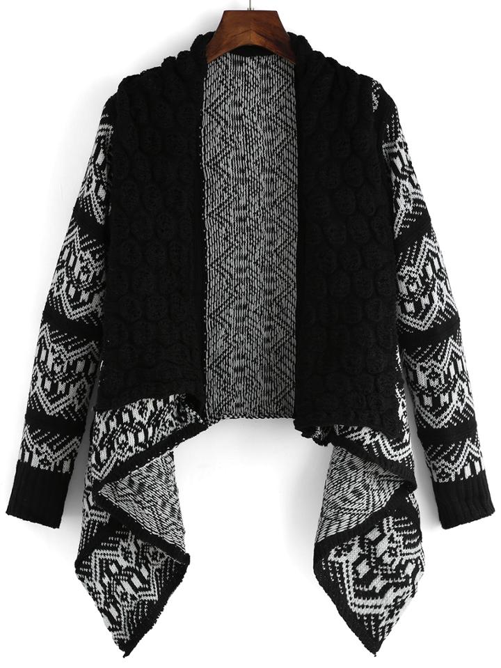 Romwe Lapel Geometric Print Black Coat