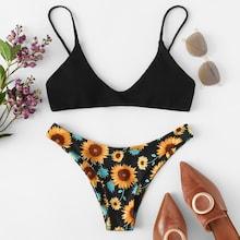 Romwe Floral Cami Top With Match Bikini Set