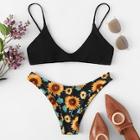 Romwe Floral Cami Top With Match Bikini Set
