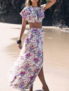 Romwe Florals Cut Out Crop Top With Split Skirt