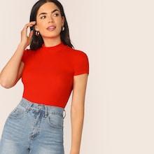 Romwe Neon Orange Mock-neck Rib-knit Form Fitted Tee