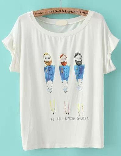 Romwe Characters Print Loose White T-shirt