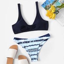 Romwe Knot Front Top With Random Tie Dye Bikini