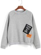 Romwe Letter Embroidered Patch Zippers Grey Sweatshirt
