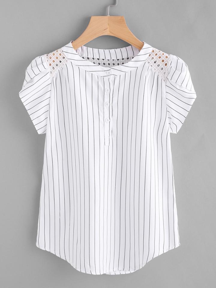 Romwe Eyelet Embroidered Panel Petal Sleeve Pinstriped Blouse