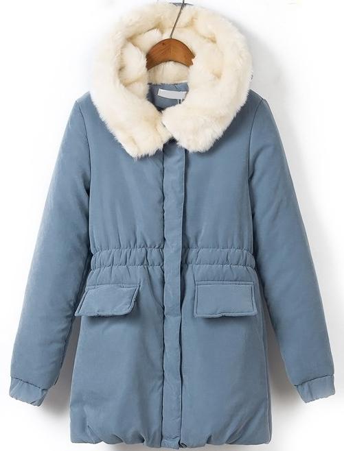 Romwe Hooded Drawstring Blue Coat