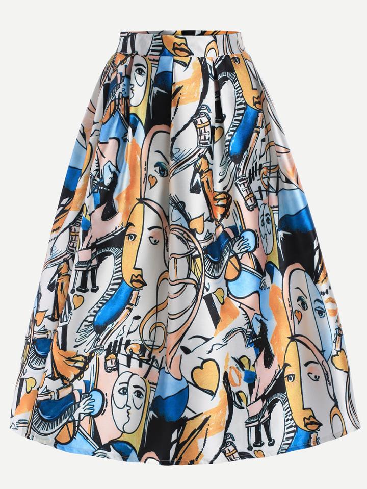 Romwe Multicolor Oil Painting Print Box Pleated Skirt