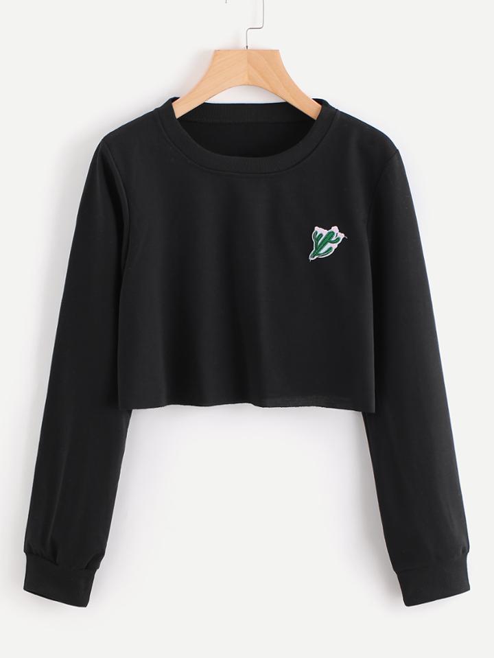Romwe Cactus Embroidered Patch Crop Pullover