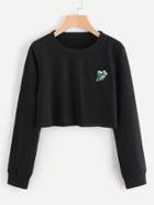 Romwe Cactus Embroidered Patch Crop Pullover