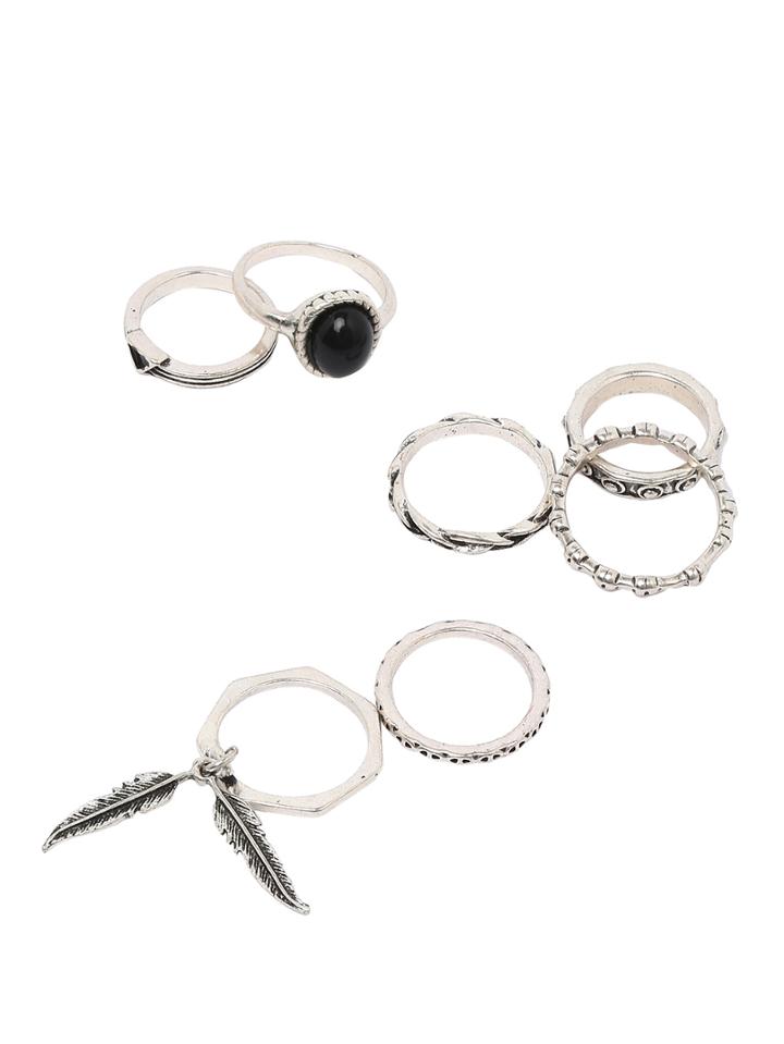 Romwe Etched Antique Silver Ring Set - 7pcs