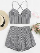 Romwe Criss Cross Back Checked Cami With Shorts