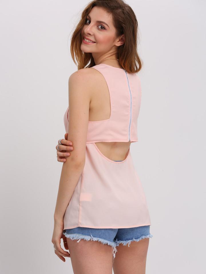 Romwe Pink V Neck Visible Zipper Cut-out Cami Top