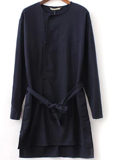 Romwe Tie-waist Dipped Hem Navy Blouse