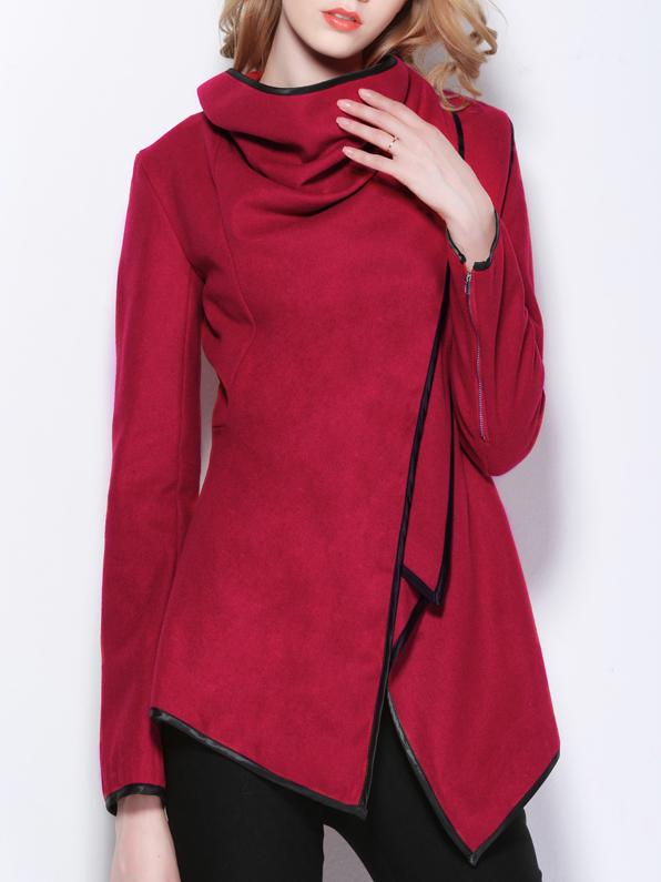 Romwe Turtleneck Woolen Wraped Wine Red Coat