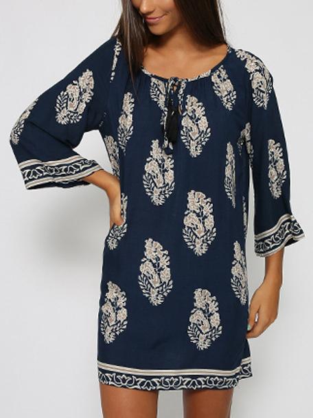 Romwe Leaf Print Tie-neck Tunic Dress