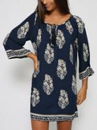 Romwe Leaf Print Tie-neck Tunic Dress