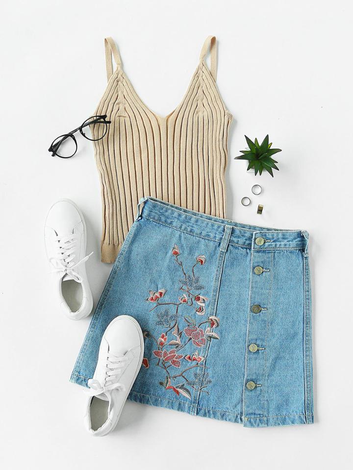 Romwe Embroidered Single Breasted Side A Line Skirt
