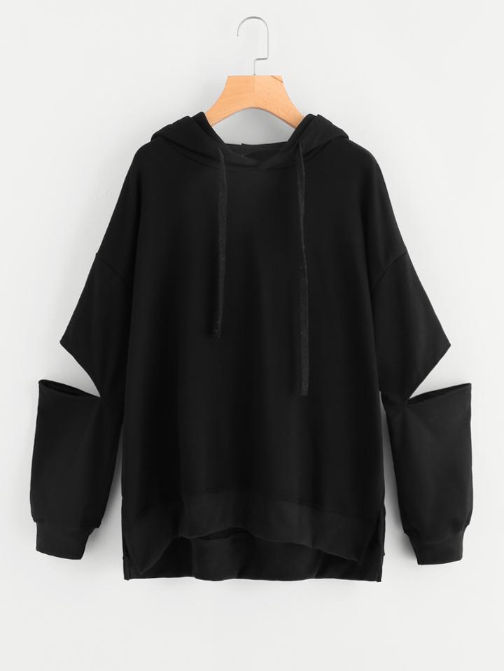 Romwe Cut Out Sleeve Dip Hem Hoodie