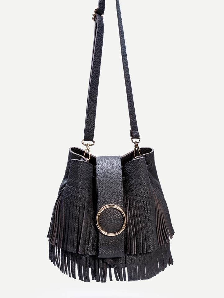 Romwe Dark Grey Pu Fringe Trim Drawstring Bucket Bag