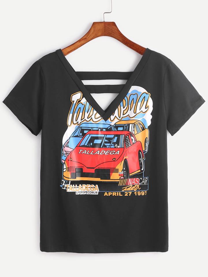 Romwe Black Car Print Cutout Double V Neck T-shirt