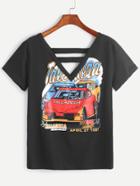 Romwe Black Car Print Cutout Double V Neck T-shirt