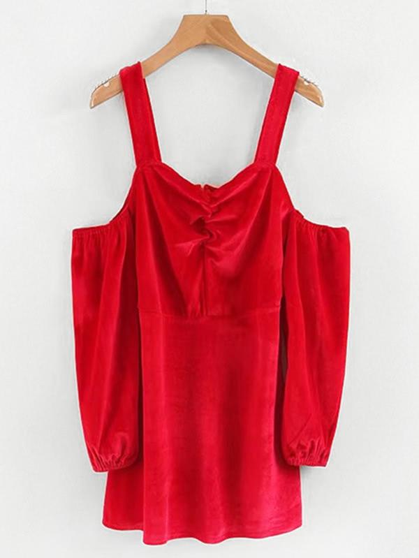 Romwe Ruched Detail Cold Shoulder Velvet Dress
