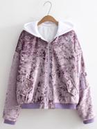 Romwe Contrast Hooded Crushed Velvet Jacket