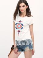Romwe Beige Short Sleeve Print Tassel T-shirt