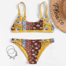 Romwe Adjustable Straps Floral Bikini Set