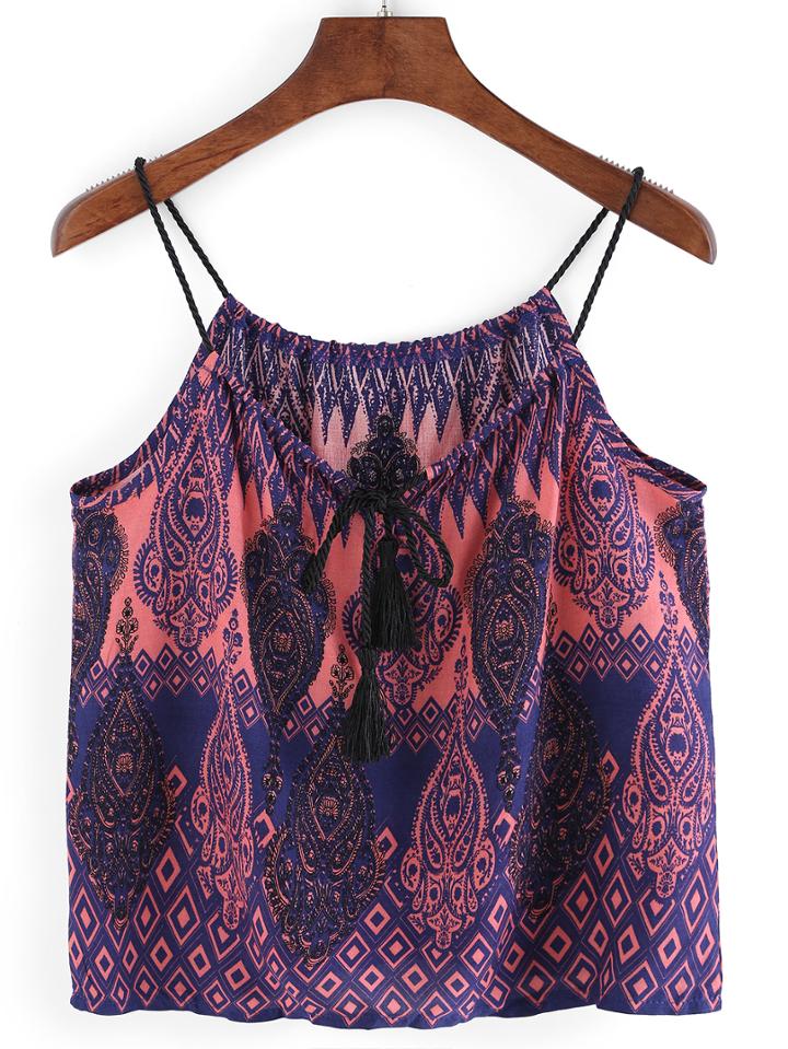 Romwe Tasselled Neck Paisley Print Cami Top