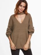 Romwe Khaki Drop Shoulder Cut Out Loose Sweater