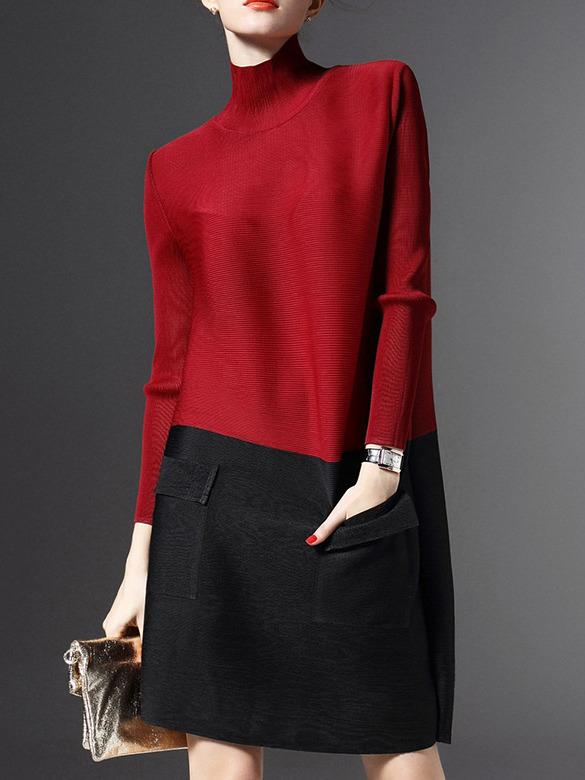 Romwe Red High Neck Color Block Pockets Dress