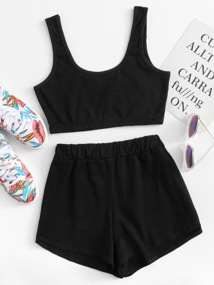 Romwe Elastic Hem Top With Shorts