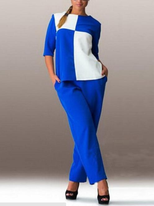 Romwe Contrast Blue White Checkered Blouse With Pants