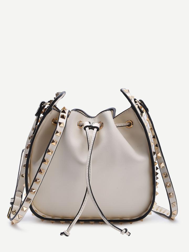 Romwe White Studded Design Drawstring Pu Shoulder Bag