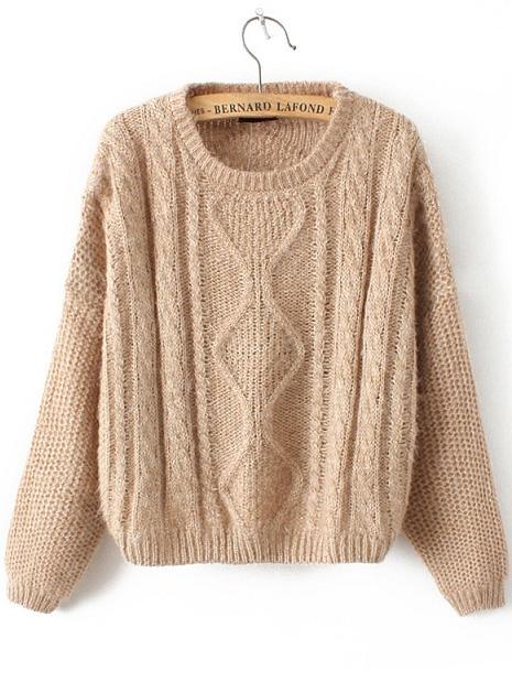Romwe Cable Knit Slit Back Khaki Sweater