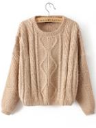 Romwe Cable Knit Slit Back Khaki Sweater