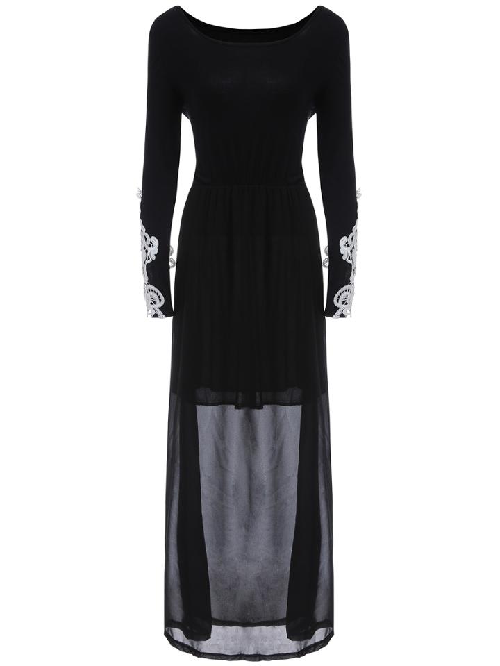 Romwe Long Sleeve Contrast Lace High Low Dress