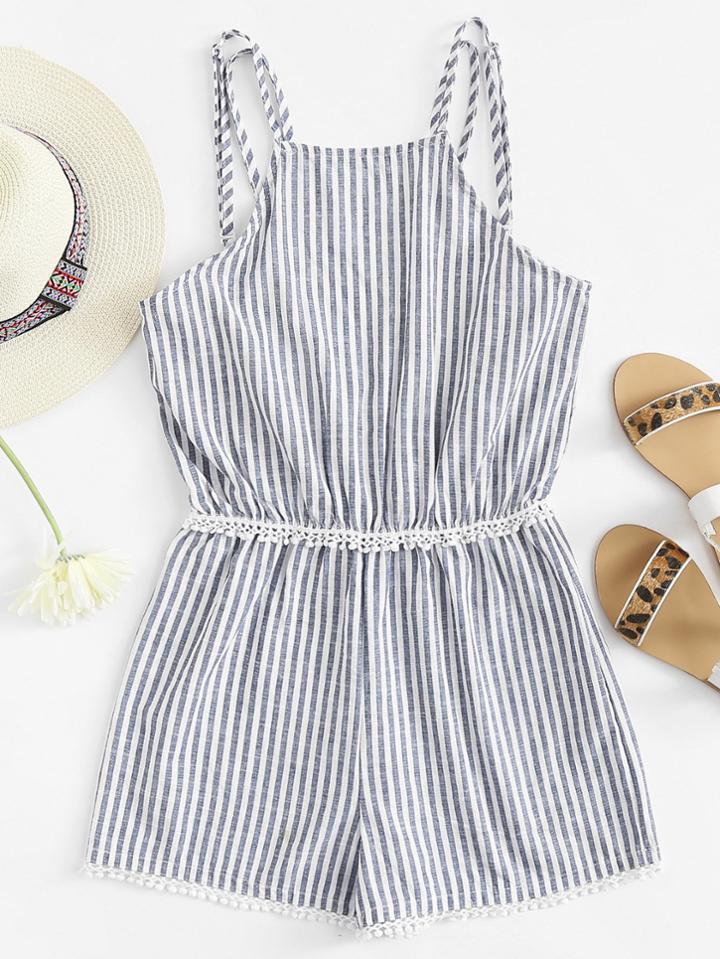 Romwe Pinstriped Contrast Lace Cami Romper