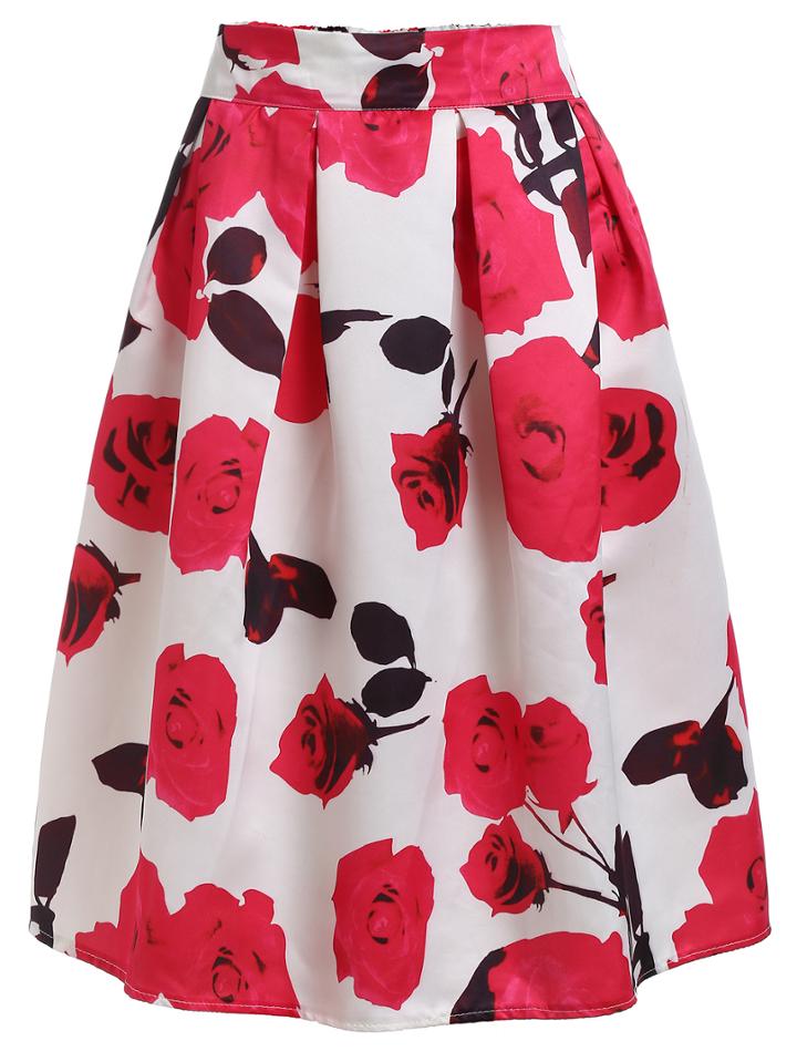 Romwe Rose Print Box Pleated Midi Skirt - White