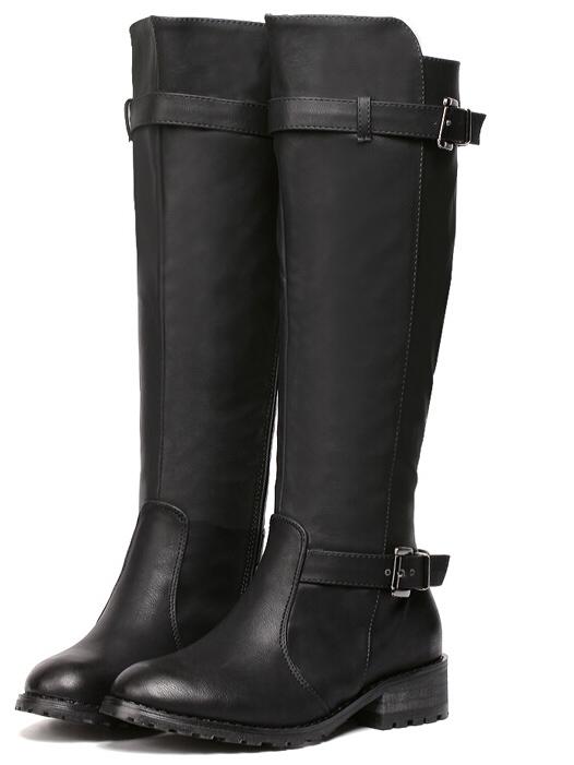 Romwe Black Round Toe Buckle Strap Tall Pu Boots
