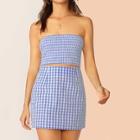 Romwe Checker Shirred Bandeau Crop Top & Skirt Set