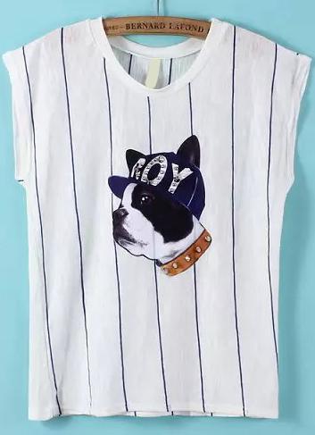 Romwe Dog Print Vertical Striped Blue T-shirt