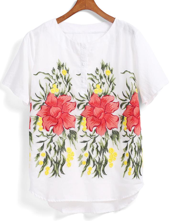 Romwe Dip Hem Embroidered With Buttons Top