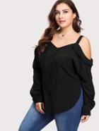 Romwe Button Up Front Open Shoulder Shirt