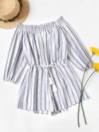 Romwe Off Shoulder Striped Fringe Drawstring Waist Romper