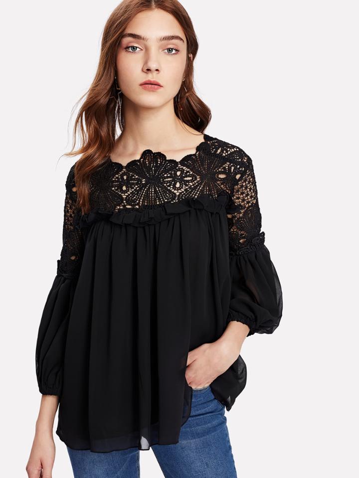 Romwe Guipure Lace Yoke Semi Sheer Smock Top